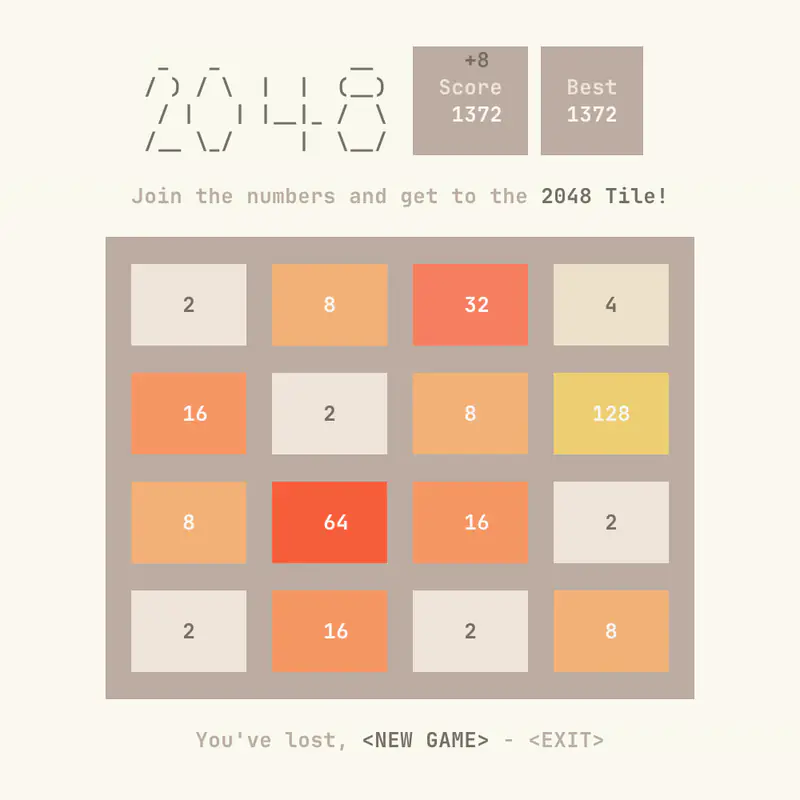 A lost 4x4 ansi2048 game on the default 24-bit color palette with a score of 1372