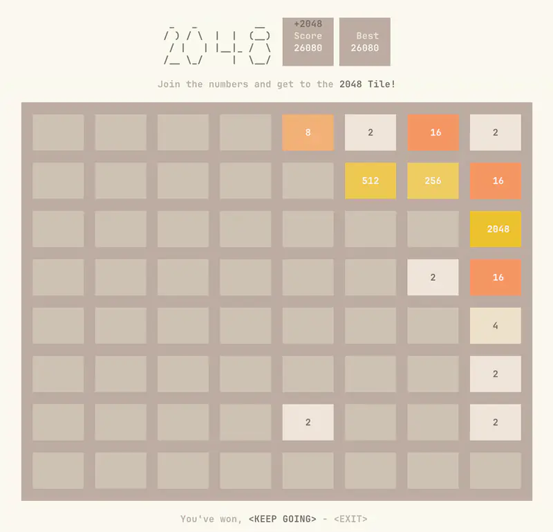 An 8x8 ansi2048 board with a 2048 tile reached and the option to keep going