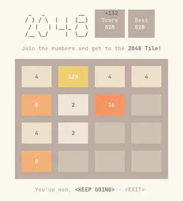 A 4x4 board after reaching 2048, with score 828 and the option to keep playing