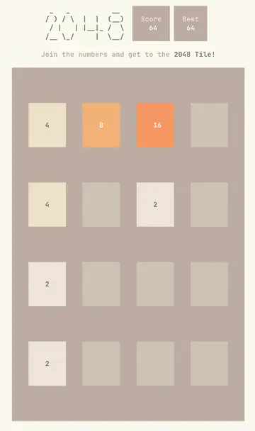 A 4x4 ansi2048 board mid-game, rendered and centered in a narrower terminal window