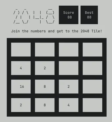 A 4x4 board mid-game with score 88, rendered in a near-monochrome palette with bordered tiles