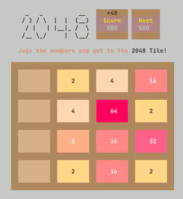 A 4x4 board mid-game with score 580, rendered in a warm brown and pink palette