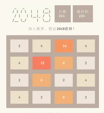 A 4x4 ansi2048 board with the interface translated into Chinese, score 224