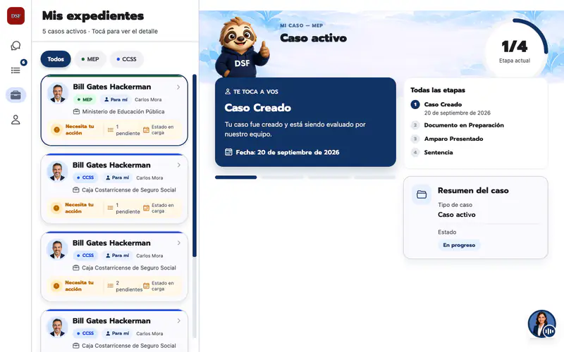 Cases screen with a list of case cards on the left, each with a client name, institution chips and the assigned agent, and the selected case on the right, showing stage 1 of 4, the list of stages and a case summary.