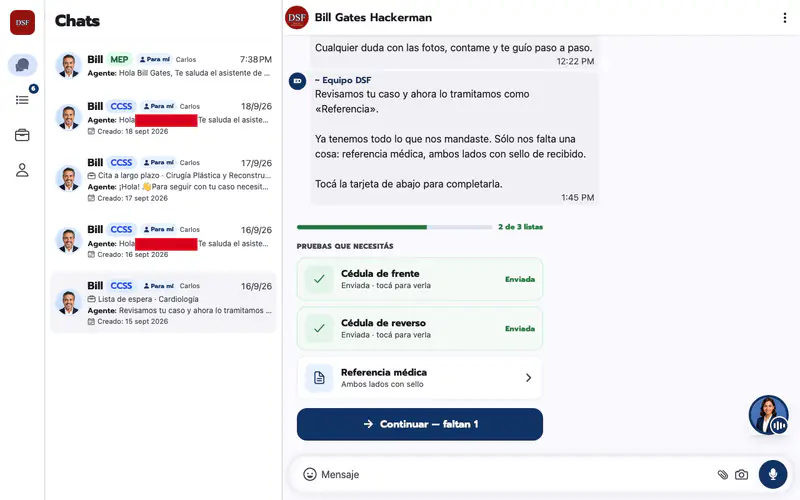 Chat screen with a list of five conversations on the left and an open conversation on the right, ending in a checklist card that shows 2 of 3 documents ready and a Continuar button. Red rectangles cover an ID-style number in two conversation previews.