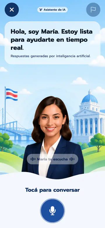 Full-screen voice assistant with an AI assistant badge, the greeting Hola, soy María, a note that answers are generated by artificial intelligence, an illustrated woman in front of a Costa Rican landscape and a microphone button.