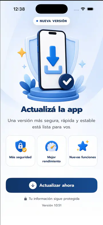 Full-screen update notice with a New version badge, an illustration of a phone with a download arrow, the text Actualizá la app, three benefit tiles, an Actualizar ahora button and a version number.