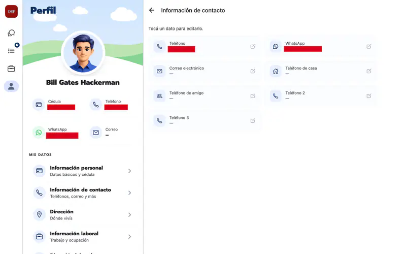 Profile screen with a cartoon avatar and four contact tiles on the left, a menu of personal, contact, address and work sections, and on the right an editable list of phone and email fields. Red rectangles cover the ID and phone numbers.