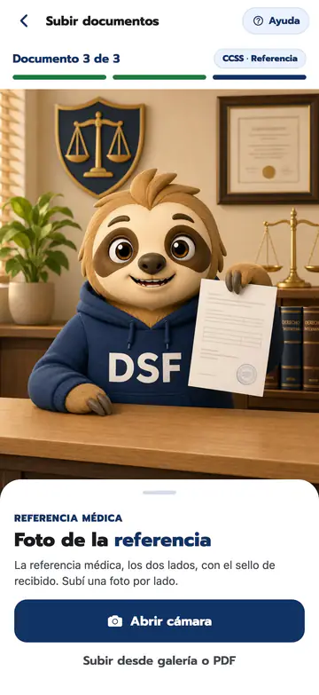 Phone screen at document 3 of 3 for a CCSS referral, with an illustration of the DSF sloth mascot holding a stamped document and buttons to open the camera or upload from the gallery or a PDF.