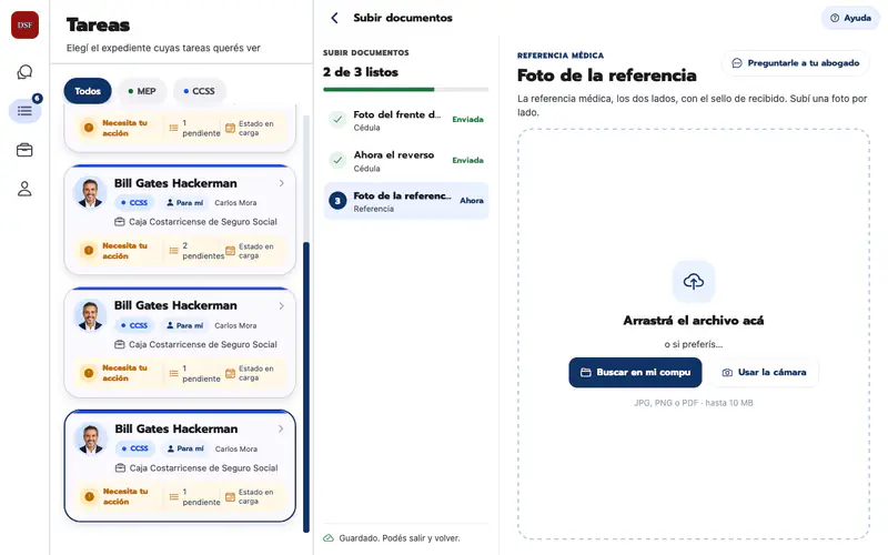 Upload documents screen with a checklist saying 2 of 3 ready, a drop zone for the photo of a medical referral with buttons to browse or use the camera, and an ask-your-lawyer button.