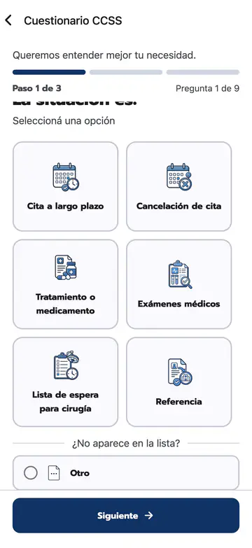 CCSS questionnaire on a phone at step 1 of 3 and question 1 of 9, with six option cards for appointments, cancellations, treatment, exams, surgery waiting list and referral, an Otro row and a Siguiente button.