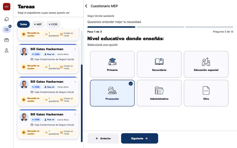 MEP questionnaire beside the case list, at step 1 of 3 and question 3 of 15, asking for the education level taught, with six option cards and Preescolar selected.