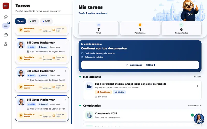 My tasks screen with counters for total, pending and completed tasks, a main action card that asks for the missing documents and a timeline of later and completed tasks, beside the list of case cards.