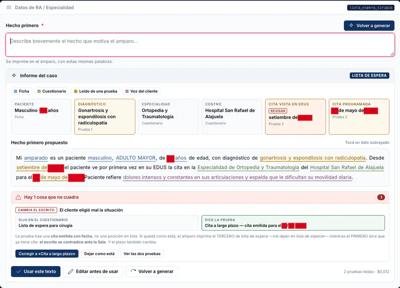 Case form with a Hecho primero text area, a case report with cards for patient, diagnosis, specialty, center and dates in source colors, a proposed paragraph with underlined data, a warning that one thing does not match and buttons to use, edit or regenerate the text. Red rectangles cover the age number and the day and year of each date.