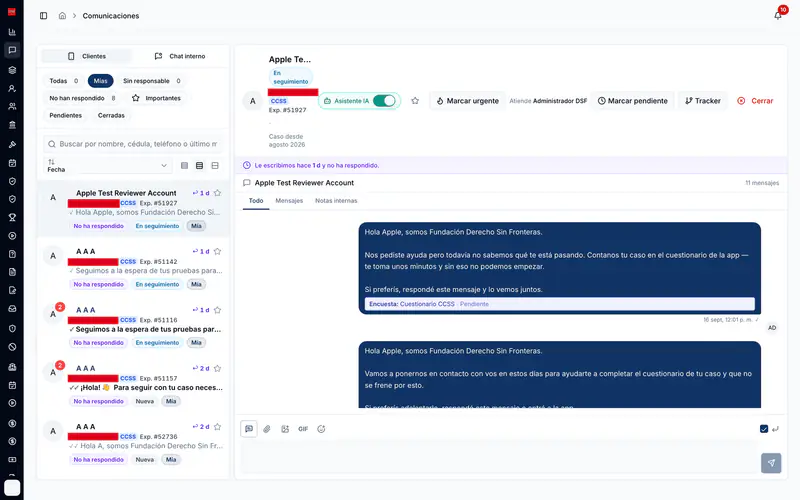 Communications page with a list of client threads on the left, filters for all, mine and unanswered, and an open thread on the right with an AI assistant switch and buttons to mark urgent, mark pending, track and close. Red rectangles cover ID or phone numbers.