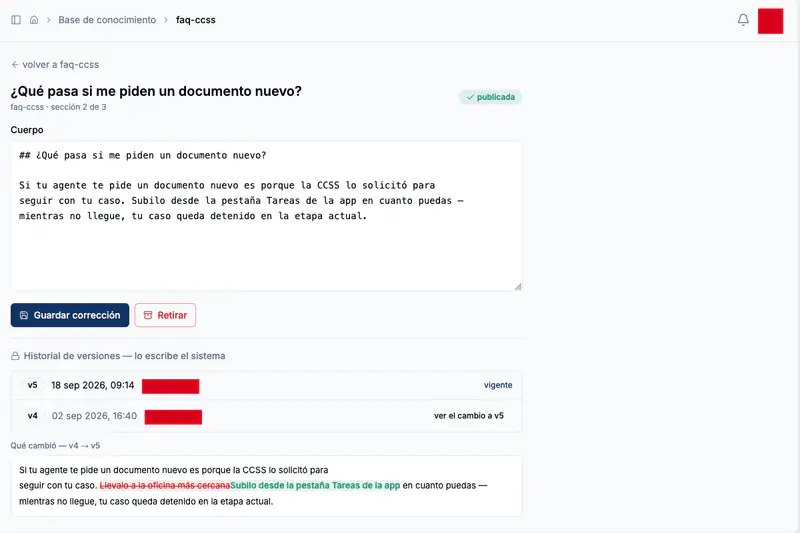 Editor for one knowledge base section with a text area, save and retire buttons, a version history list and a diff of the last change with removed text struck through and added text highlighted. Red rectangles cover the editor names.