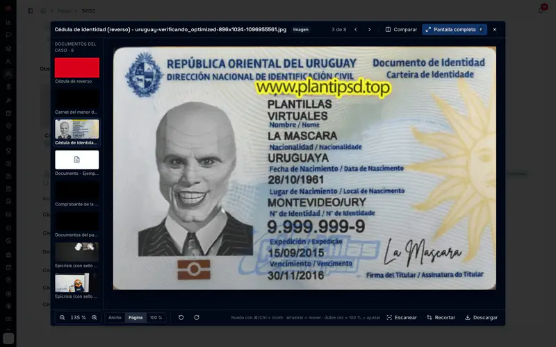 Full-screen document viewer over a case, showing a sample ID card image, a side rail of eight case documents, zoom controls and buttons to compare, scan and crop. A red rectangle covers a thumbnail of a personal document.
