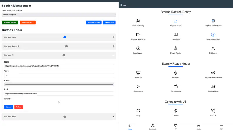Web admin named Section Management, with a buttons editor for the bottom navigation on the left and a live preview of the app Home tab on the right