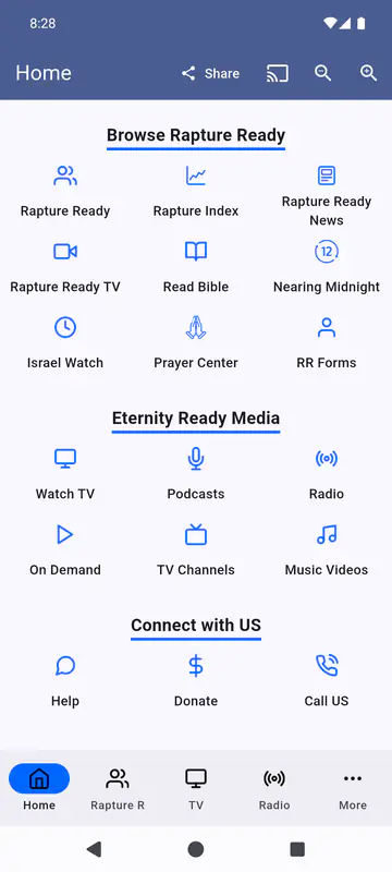 Rapture Ready home screen with icon buttons in three sections named Browse Rapture Ready, Eternity Ready Media and Connect with US, and a bottom bar with Home, Rapture R, TV, Radio and More