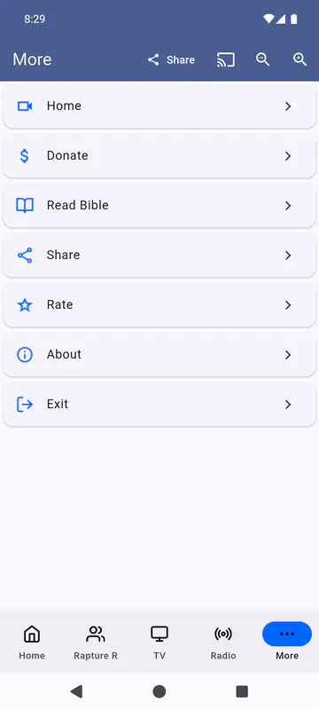 More tab with a list of Home, Donate, Read Bible, Share, Rate, About and Exit