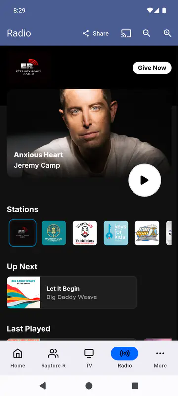 Radio tab with the Eternity Ready Radio logo, a Give Now button, a now playing card with a play button, a row of station logos, an Up Next card and a Last Played row