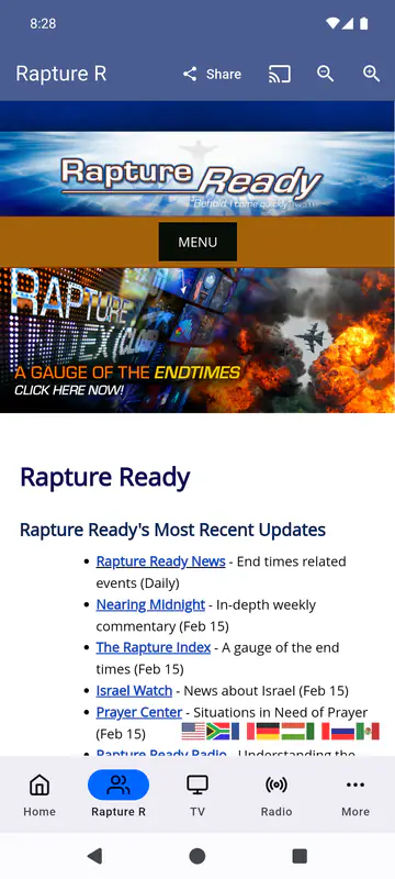 Rapture R tab showing the ministry website inside the app, with a banner, a menu button and a list of recent updates