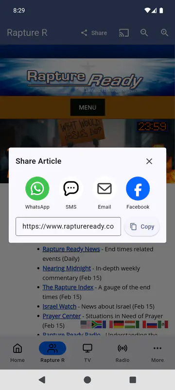 Share Article dialog over the Rapture R tab with WhatsApp, SMS, Email and Facebook buttons, and the page address with a Copy button