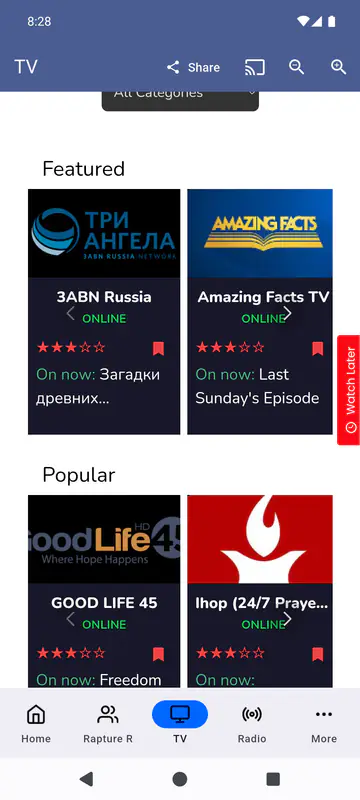 TV tab with a category filter and Featured and Popular channel cards showing online status, a star rating and On now, with a Watch Later tab on the right edge