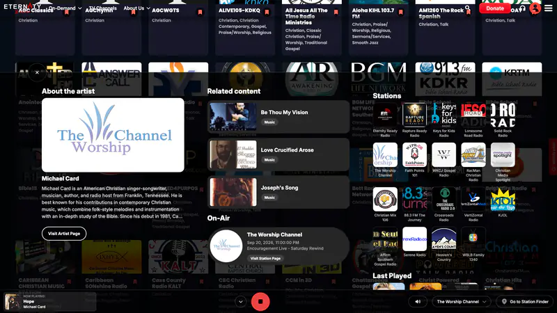 Radio bar player expanded over the station grid, with an artist biography, related songs, an On-Air card, a station grid and the last played tracks