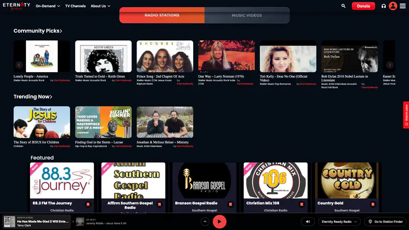 Radio page with Radio Stations and Music Videos tabs, rows named Community Picks and Trending Now, a Featured station carousel and the radio bar fixed at the bottom
