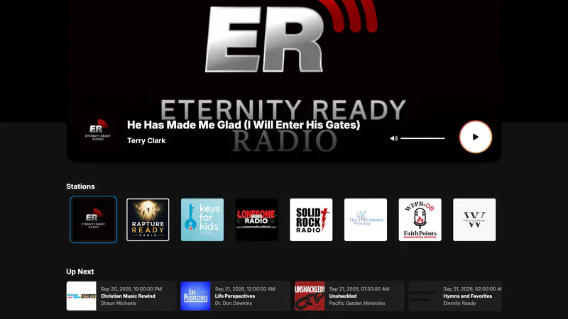 listen.eternityready.com with artwork behind the current track, a volume slider and play button, a row of station logos and an Up Next list with start times