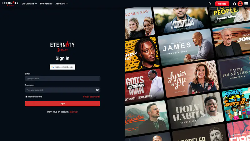 Sign-in page with a Google button, email and password fields, a remember me box, a forgot password link and a wall of tilted show posters