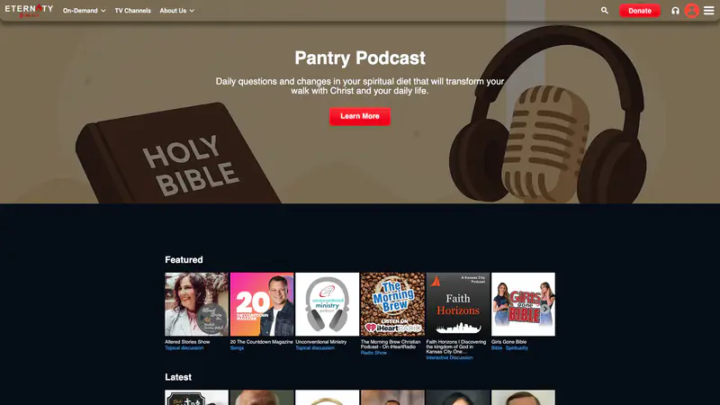 Podcasts site with a Pantry Podcast hero and a Learn More button, then Featured and Latest rows of podcast covers with category links