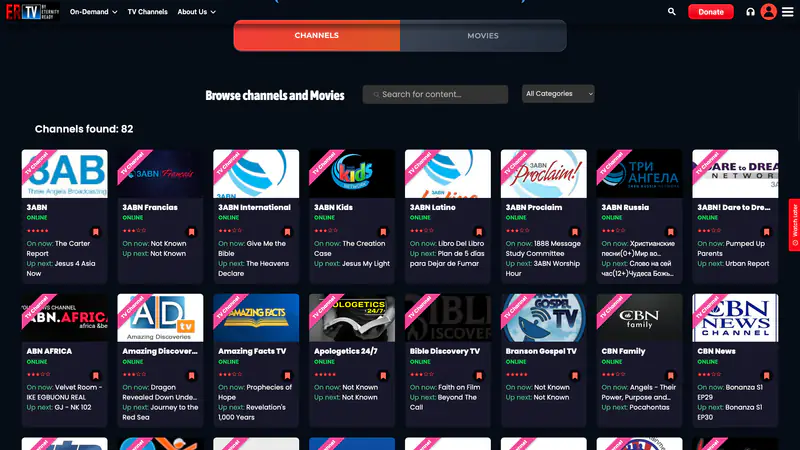 TV page with Channels and Movies tabs, a search box, a category filter and a grid of channel cards showing online status, On now and Up next