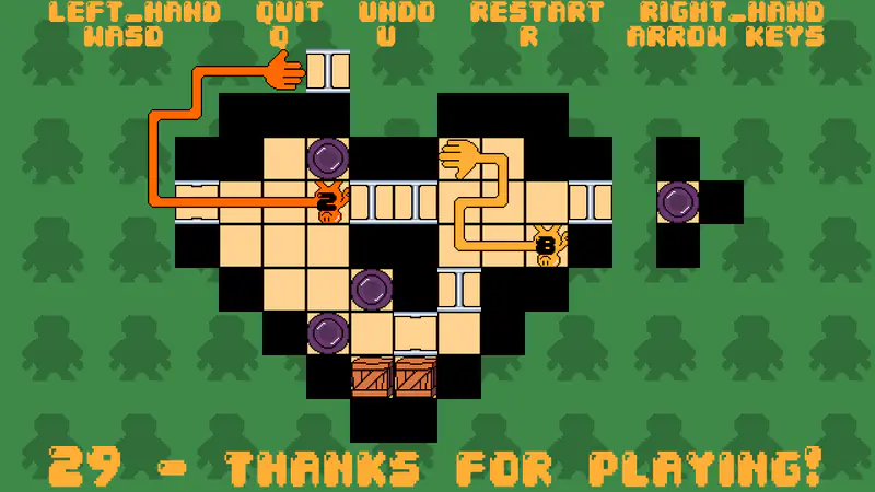 Level 29 with several purple switches, doors, crates and winding arm paths