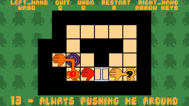 Another state of level 13 with a red hand by the door and the orange hand extended to the left