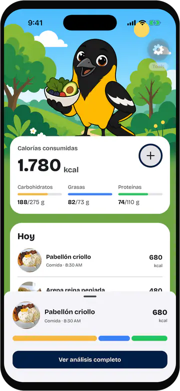 Today screen with a bottom sheet open on one meal: a round photo of a plate, the name Pabellón criollo, 8:30 AM, 680 kcal, a bar in three colors and a dark button reading Ver análisis completo.