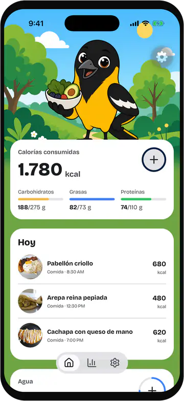 Today screen: a cartoon turpial bird holding a bowl of greens, avocado and berries in a green landscape, a card with 1,780 kcal and three macro bars for carbohydrates, fat and protein, and a list of three meals with round photos, times and calories, above a floating bar with three tabs.